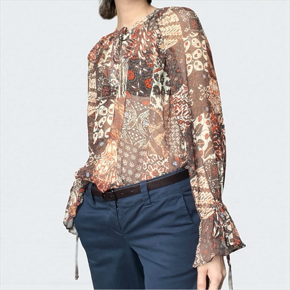 Joie 100% Silk Blouse Top S | Pinecone Multi Boho Patchwork Tie-Neck Fall Edit - Picture 2 of 13